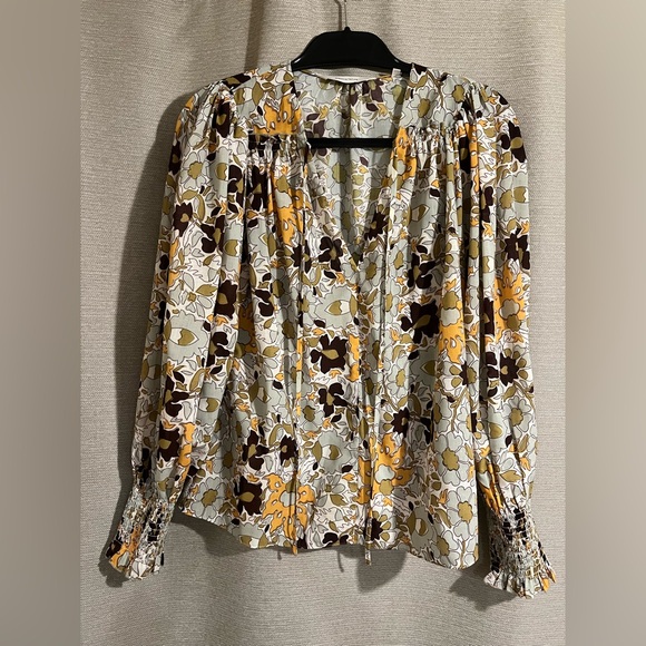 Rebecca Taylor Brown and Yellow Floral With a Tie Neckline Blouse Bohemian City - Picture 3 of 8